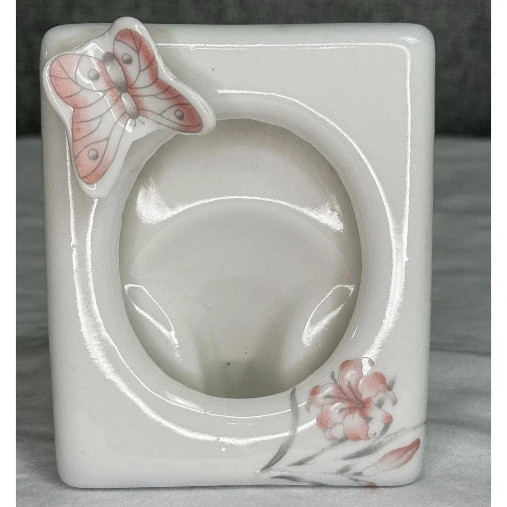 Vintage 80s Oval Ceramic Mini Picture Frame Pink Butterflies Flowers 3D‎ Taiwan